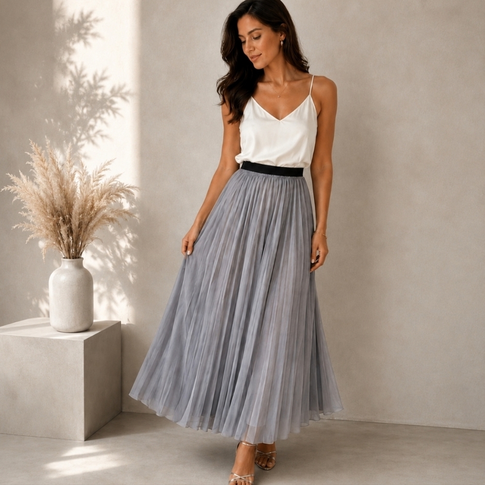 Enza Costa Pleated Maxi Skirt in Light Gray with Black Waistband